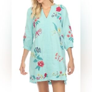 JOHNNY WAS  JWLA BLUE ARIA LINEN EMBROIDERED BISHOP SLEEVE BOHO DRESS S M